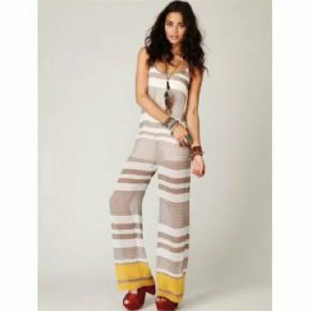 FREE PEOPLE  Semi Sheer Tan/Ivory Stripe Spag Strap One Piece Jumpsuit